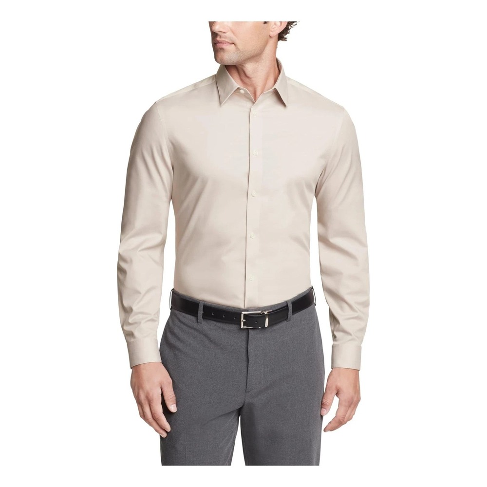 NWT Calvin Klein Dress Shirt Men's 16.5 /L Sand Stone Cotton Stretch Slim Fit